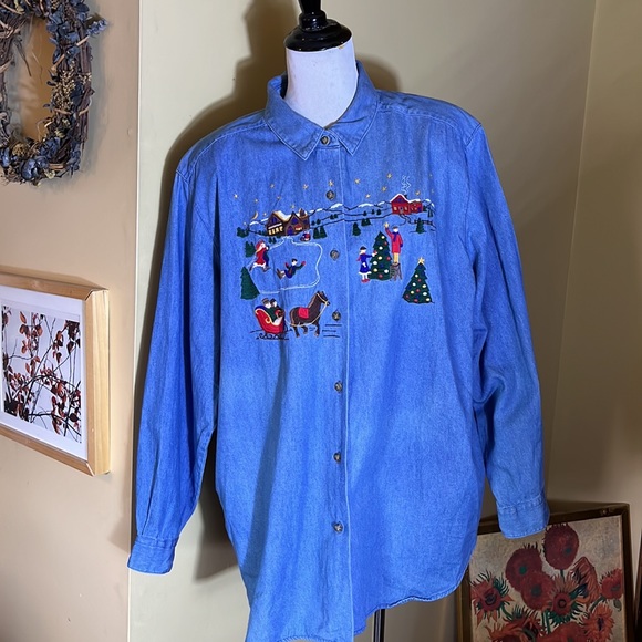 KAREN SCOTT sz 2X Denim Shirt Embroidered Christmas Holiday Cotton Kitsch Winter - Picture 2 of 16